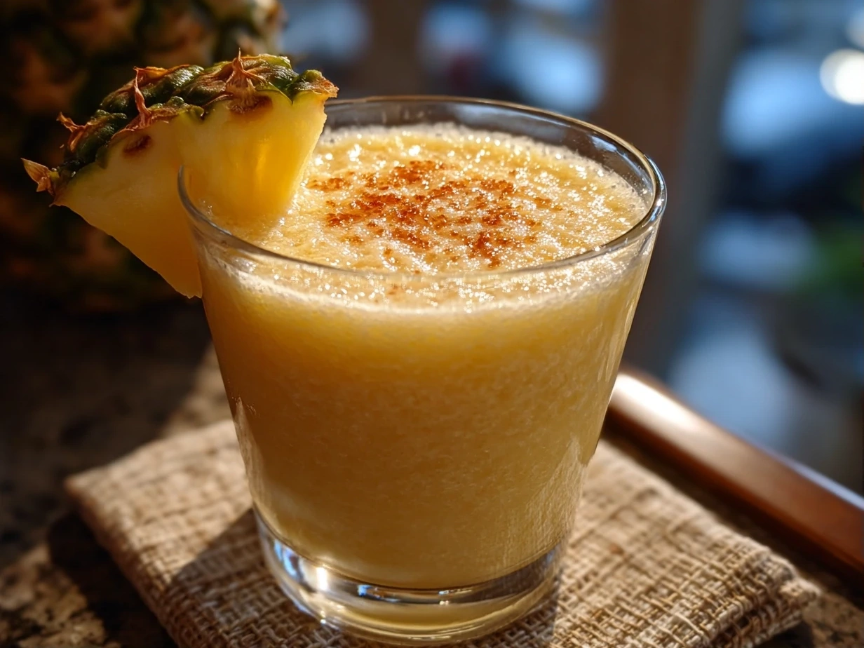 A freshly prepared Pineapple Coconut Smoothie in a glass garnished with pineapple and coconut flakes