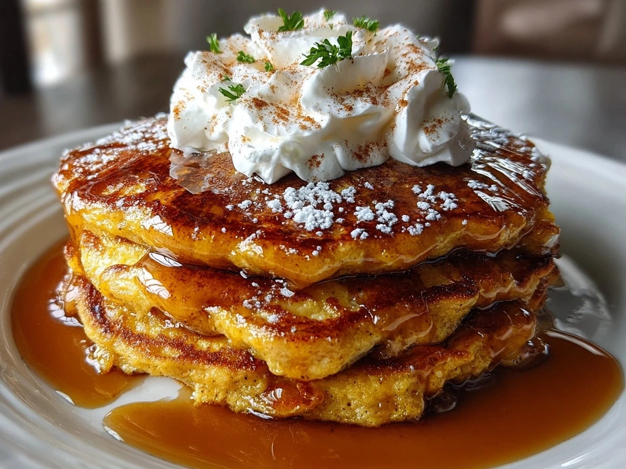 Stack of finished Pumpkin Spice Pancakes served hot