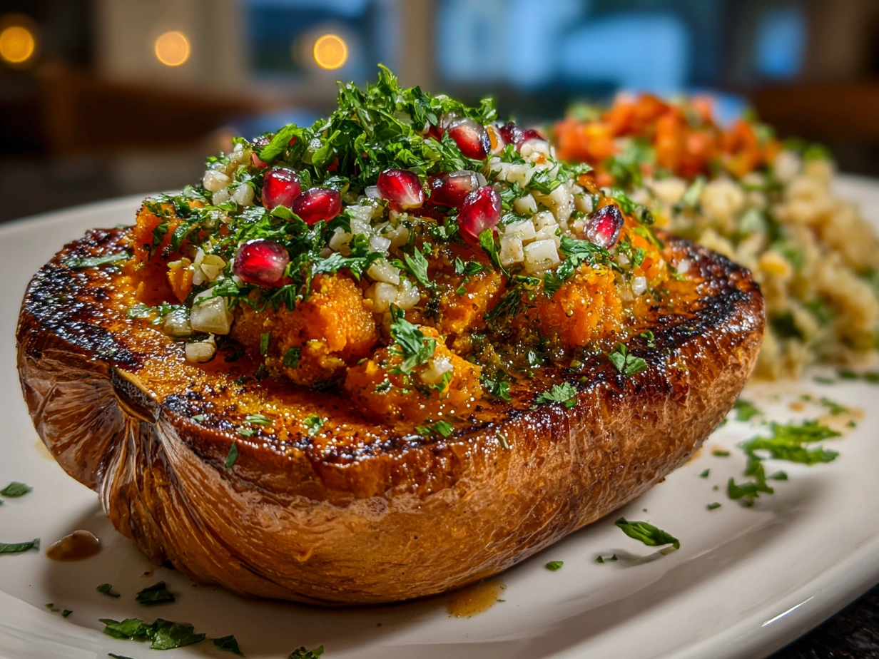 Finished Simanim Stuffed Butternut Squash on a serving plate with garnishes