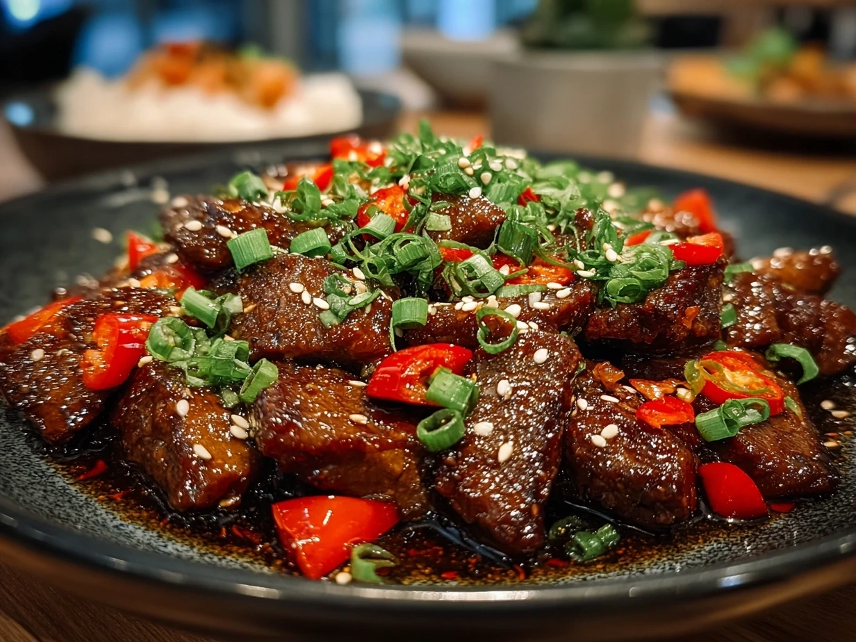 Finished Szechuan Beef served in a bowl garnished with green onions and chilies