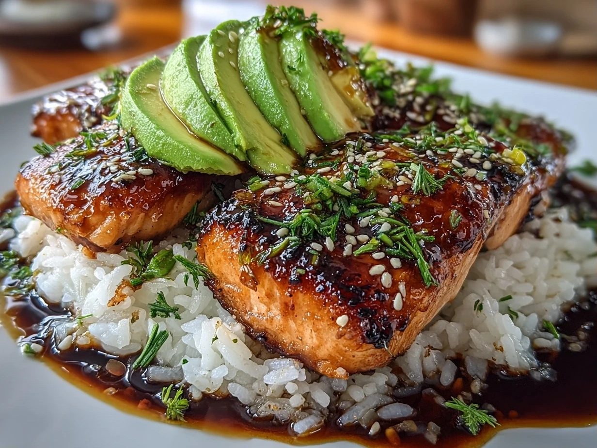 Close up of finished Teriyaki Salmon Avocado Rice with glazed salmon, avocado, green onions, and sesame seeds