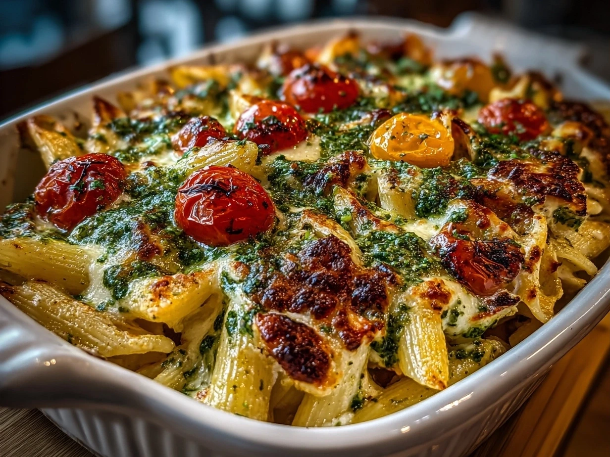 Close-up of finished TikTok Baked Feta Pasta with Pesto garnished with fresh basil