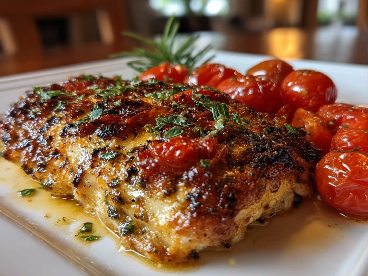Close-up of finished Tomato Basil Baked Chicken with melted mozzarella and fresh basil garnish