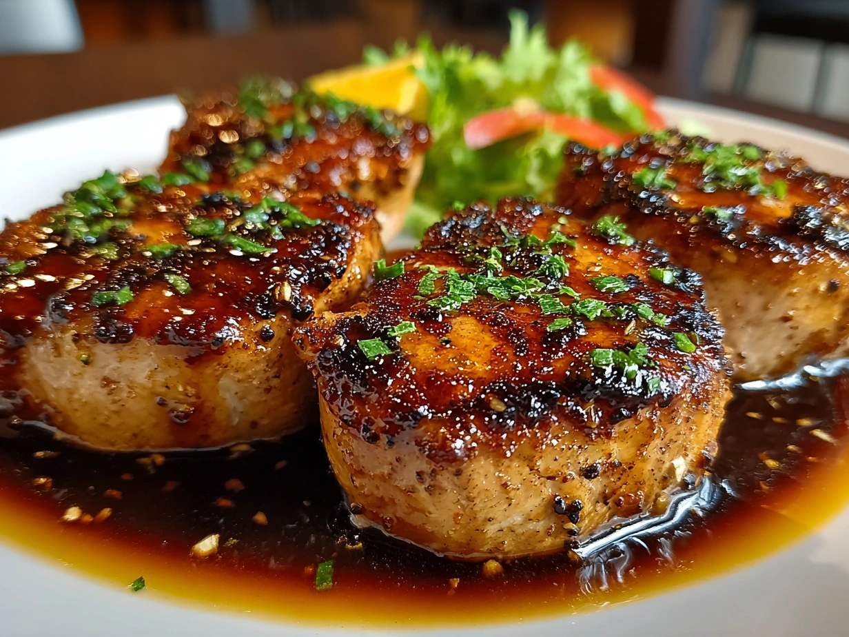Close-up of finished Turkey Medallions with Orange Teriyaki Sauce garnished with sesame seeds and green onions