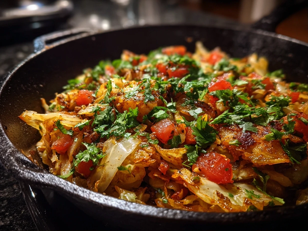 Finished Tex Mex Cabbage Skillet served in a bowl, garnished with fresh cilantro and cheese