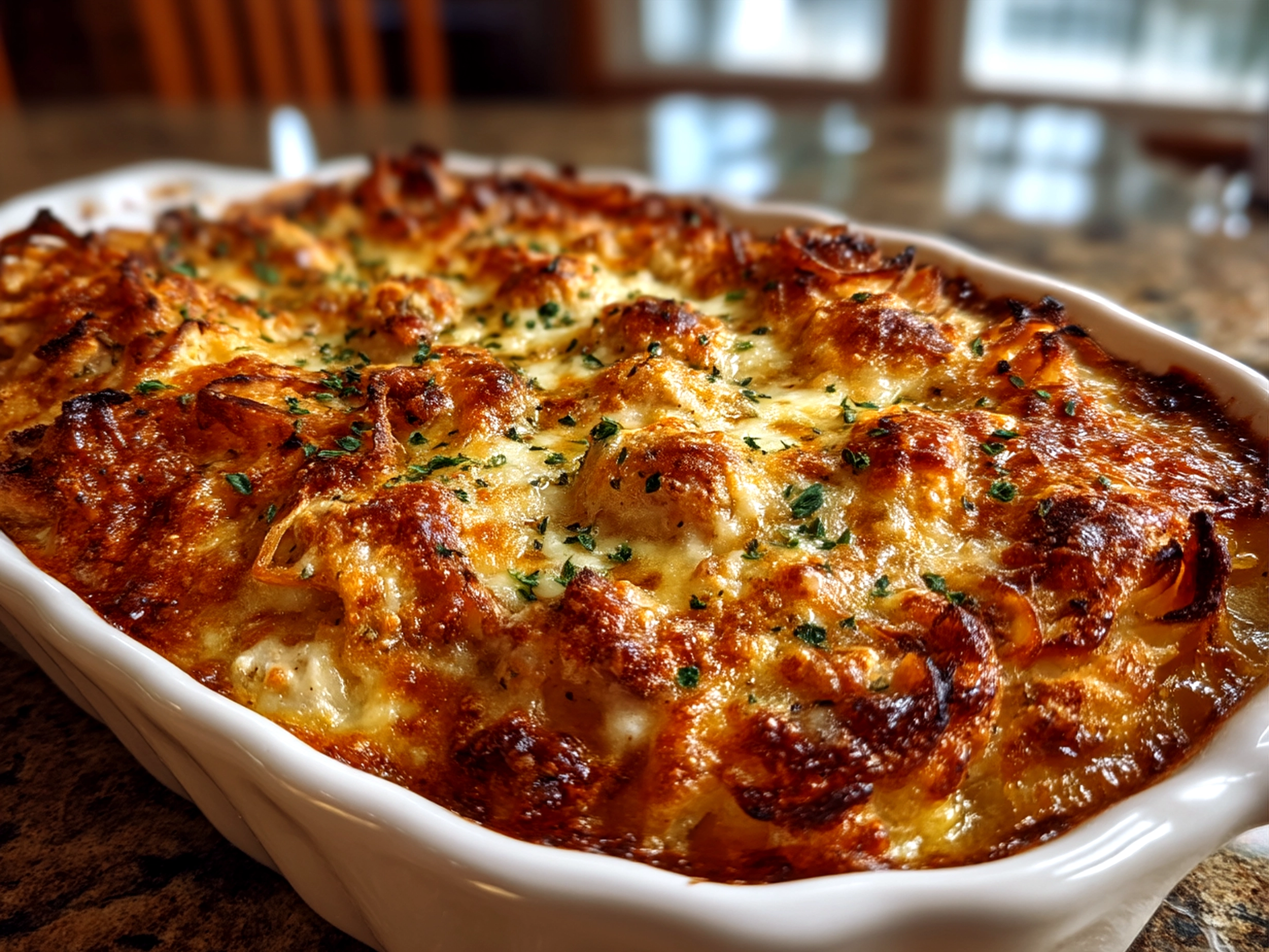 French Onion Chicken Bake served with sides of asparagus and mashed potatoes