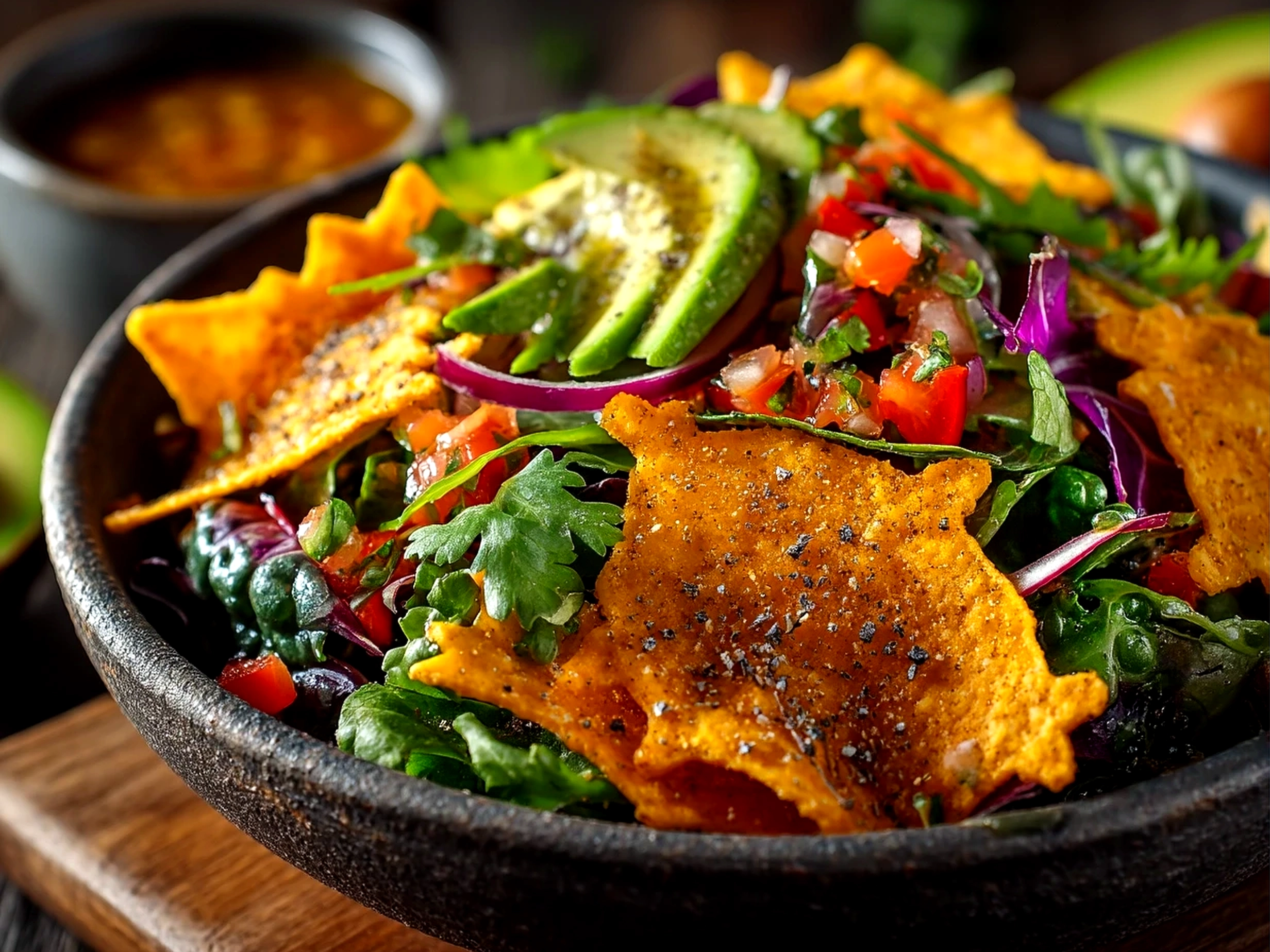 Fresh winter salad with snowflake tortilla chips