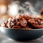 Freshly baked double chocolate cookies in a rustic bowl