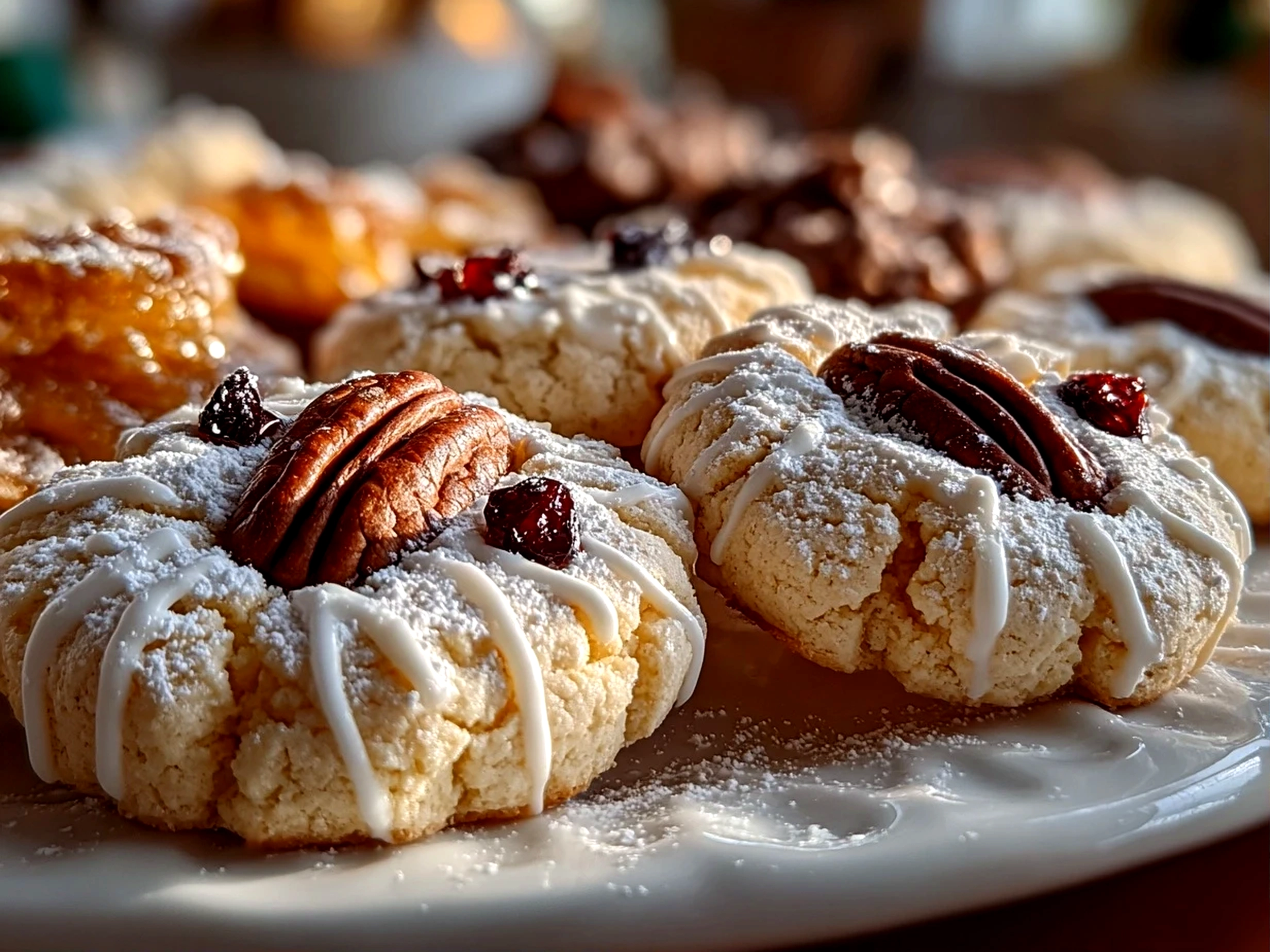 Freshly baked holiday cookies on white plate