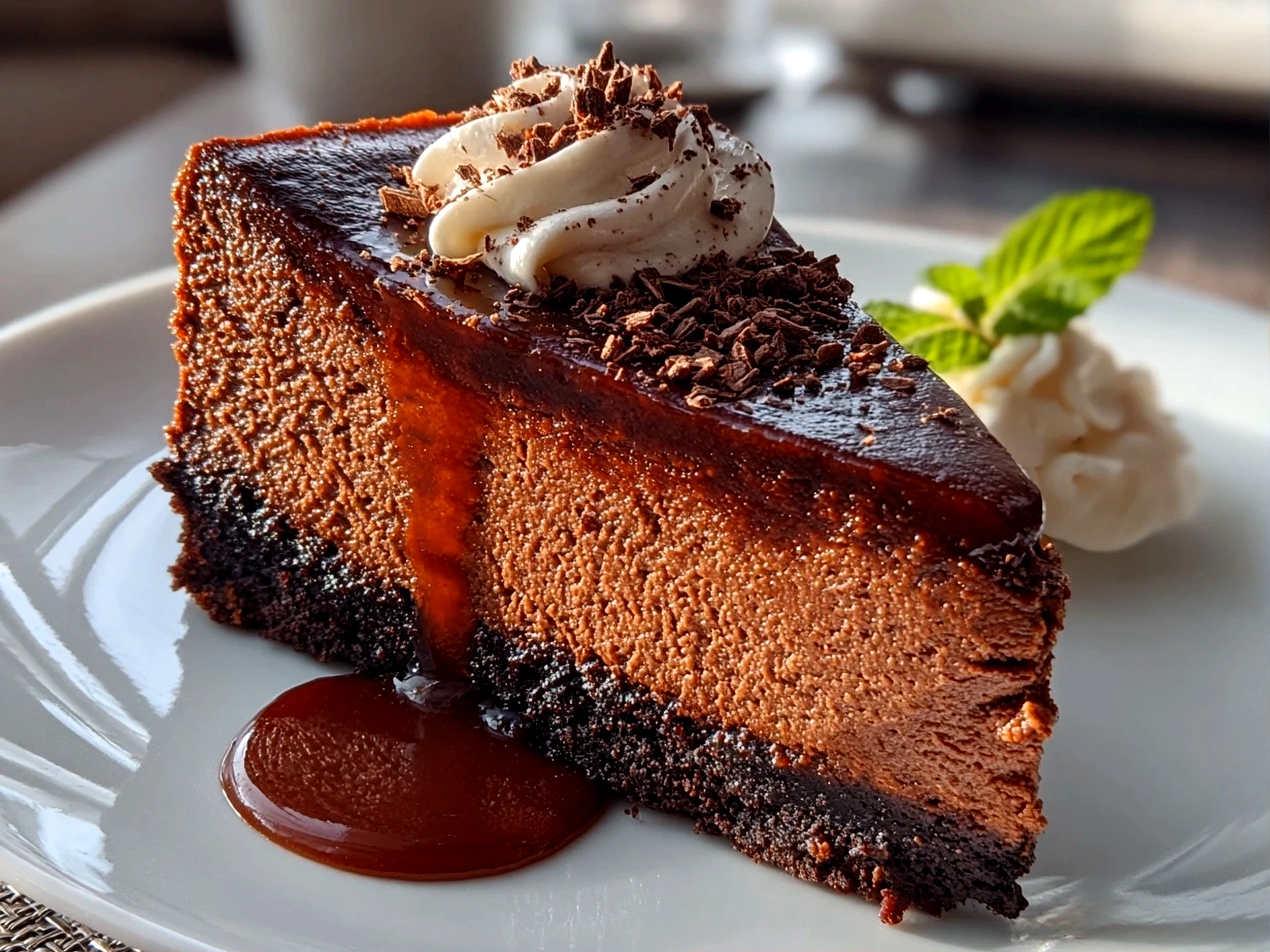 Freshly prepared chocolate cheesecake close-up