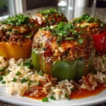 Freshly prepared Stuffed Bell Pepper Rice Boats on white plate