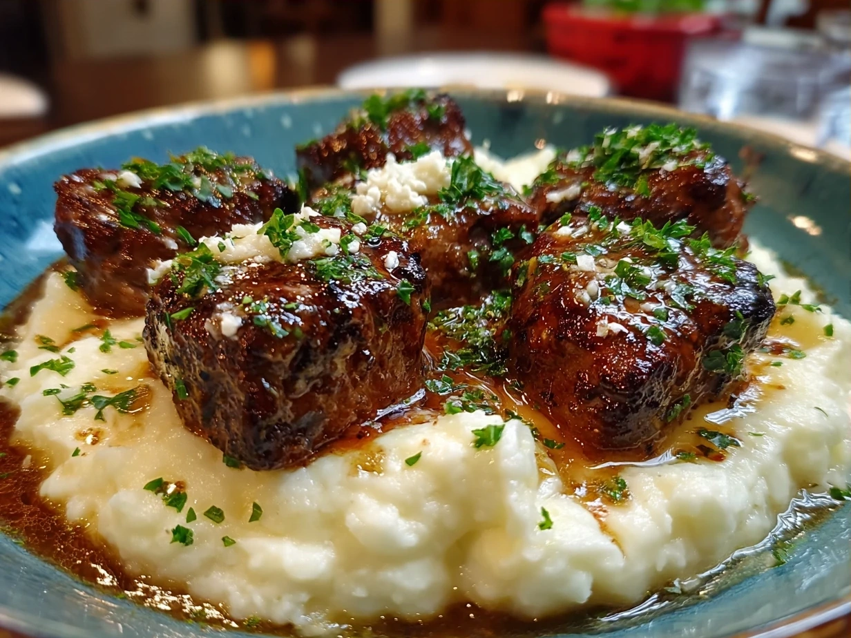 Final plated Garlic Butter Beef Bites with Creamy Mashed Potatoes