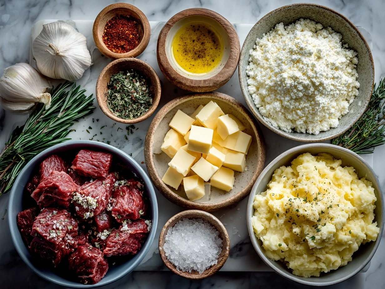 Ingredients for Garlic Butter Beef Bites with Creamy Mashed Potatoes