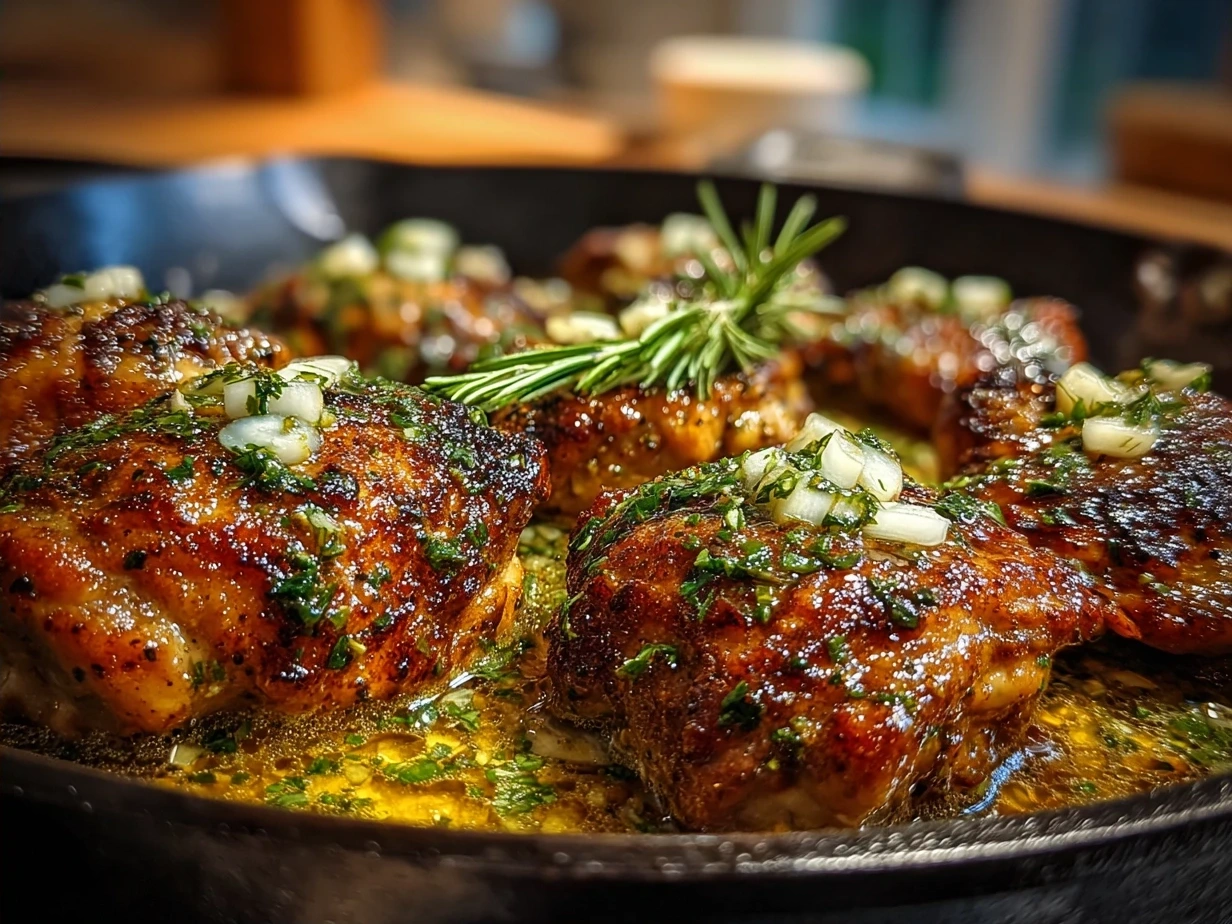 Finished Garlic Butter Chicken Thigh Skillet with golden Brown chicken in buttery garlic sauce
