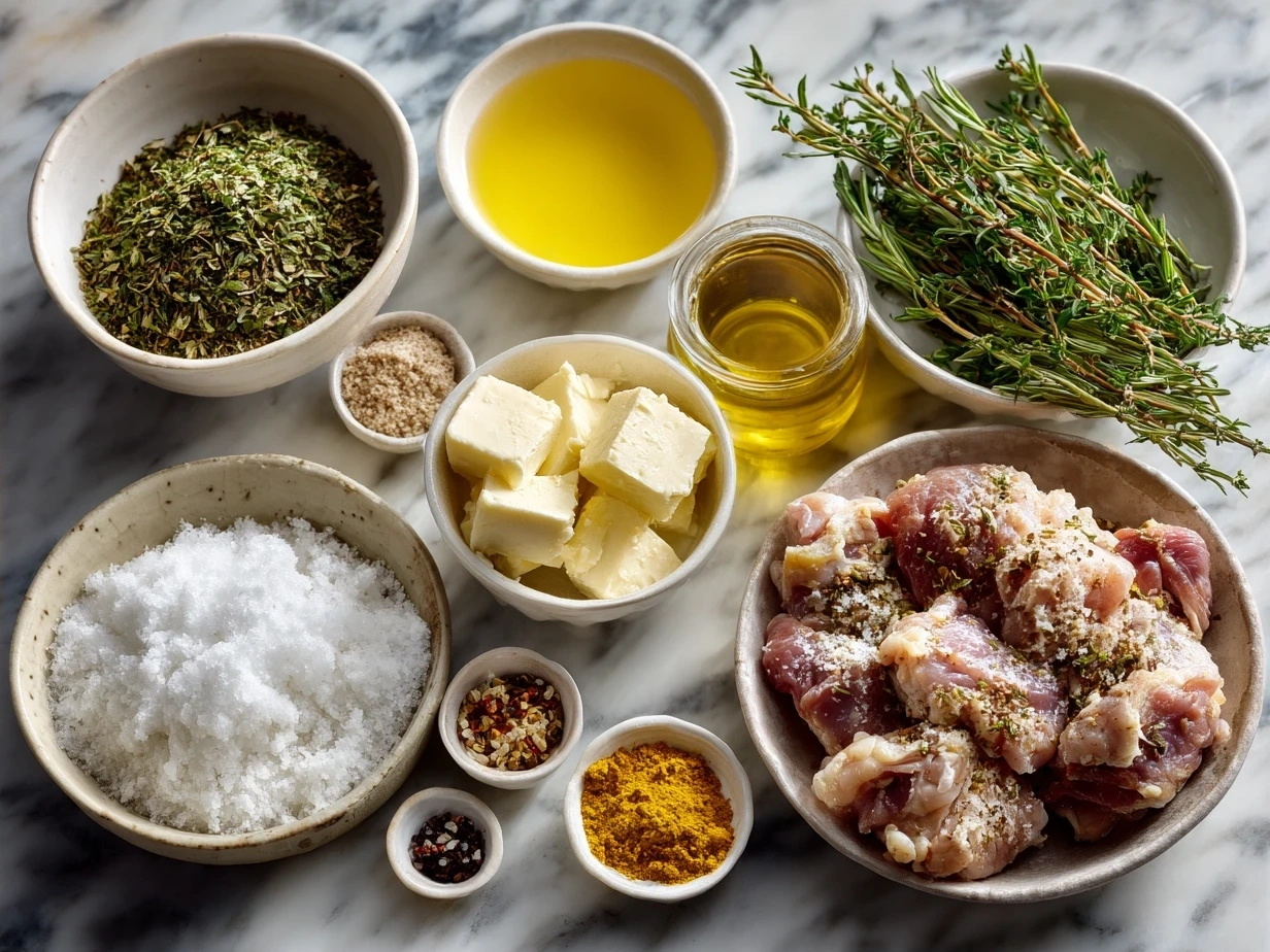 Ingredients for Garlic Butter Chicken Thigh Skillet including chicken thighs, butter, garlic, herbs and lemon