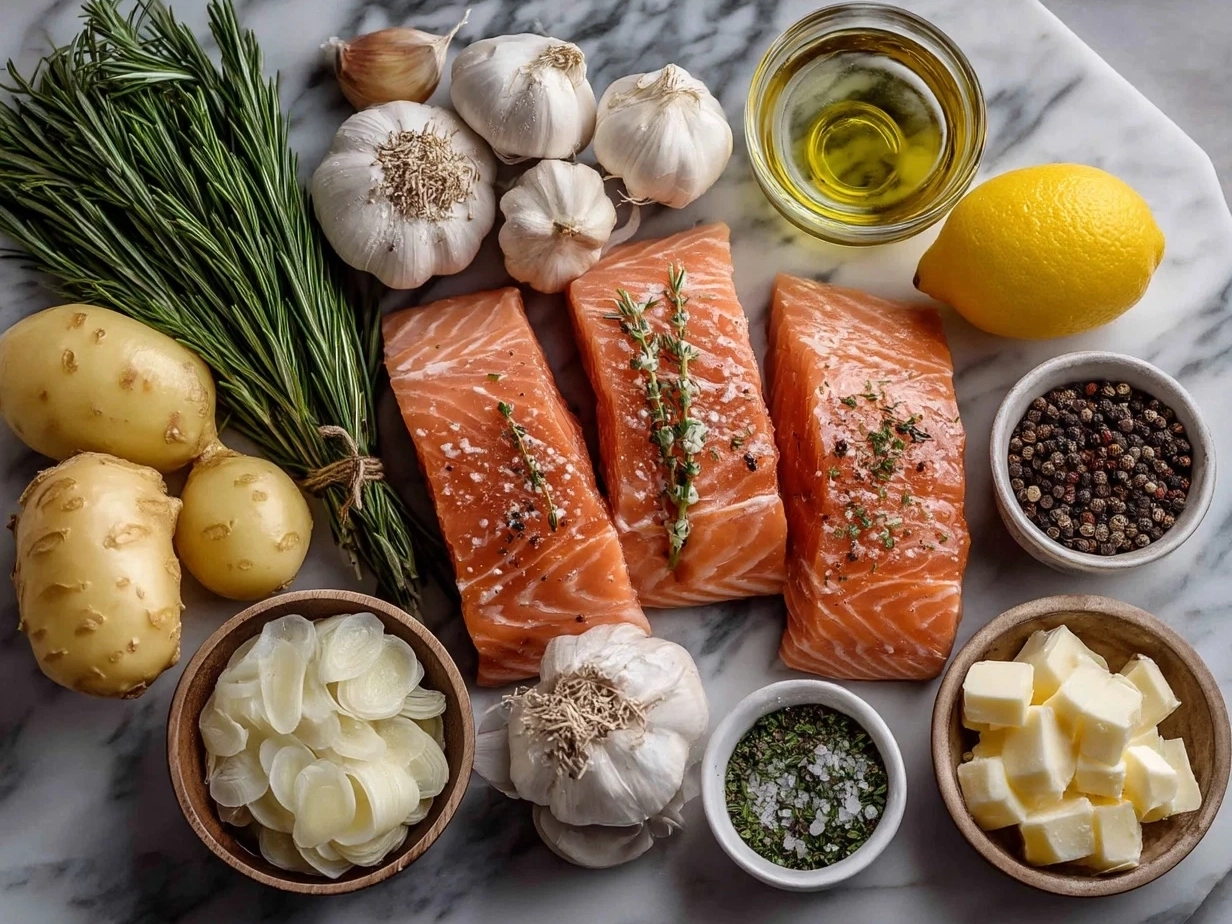 Ingredients for Garlic Butter Lemon Salmon laid out on a kitchen counter
