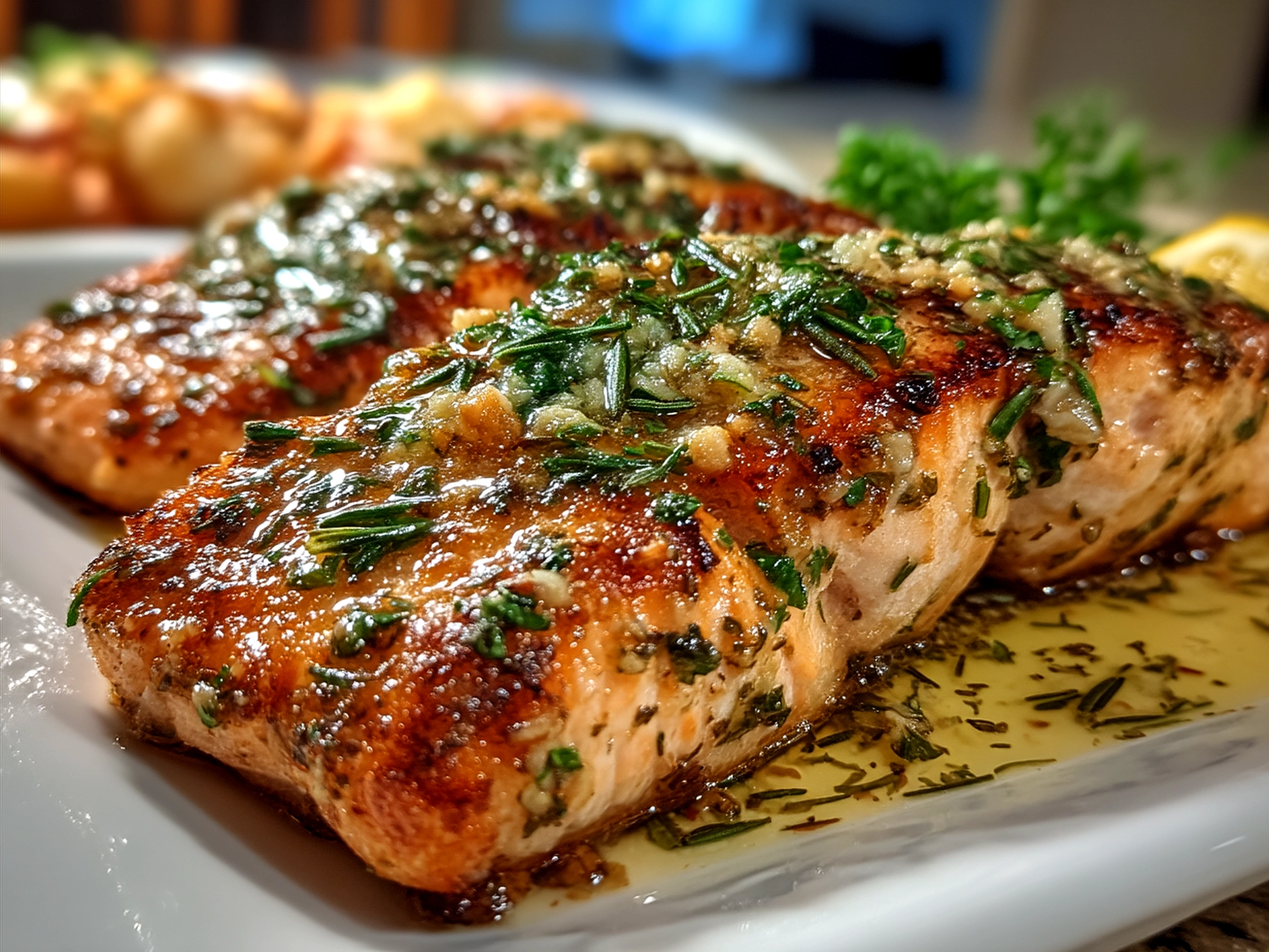 Finished Garlic Butter Salmon served with fresh green vegetables and lemon wedge
