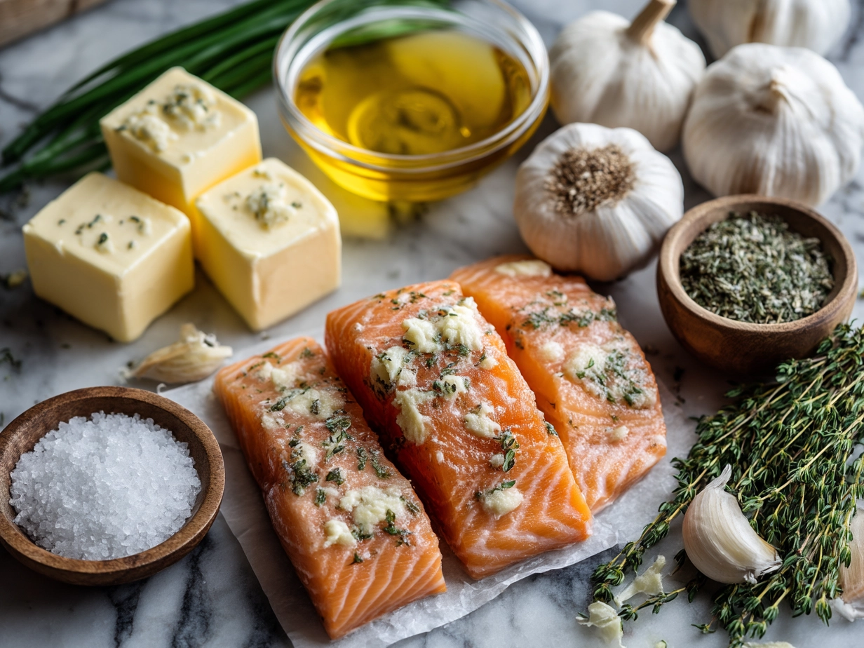 Ingredients for Garlic Butter Salmon including fresh salmon fillets, garlic cloves, parsley, butter and lemon