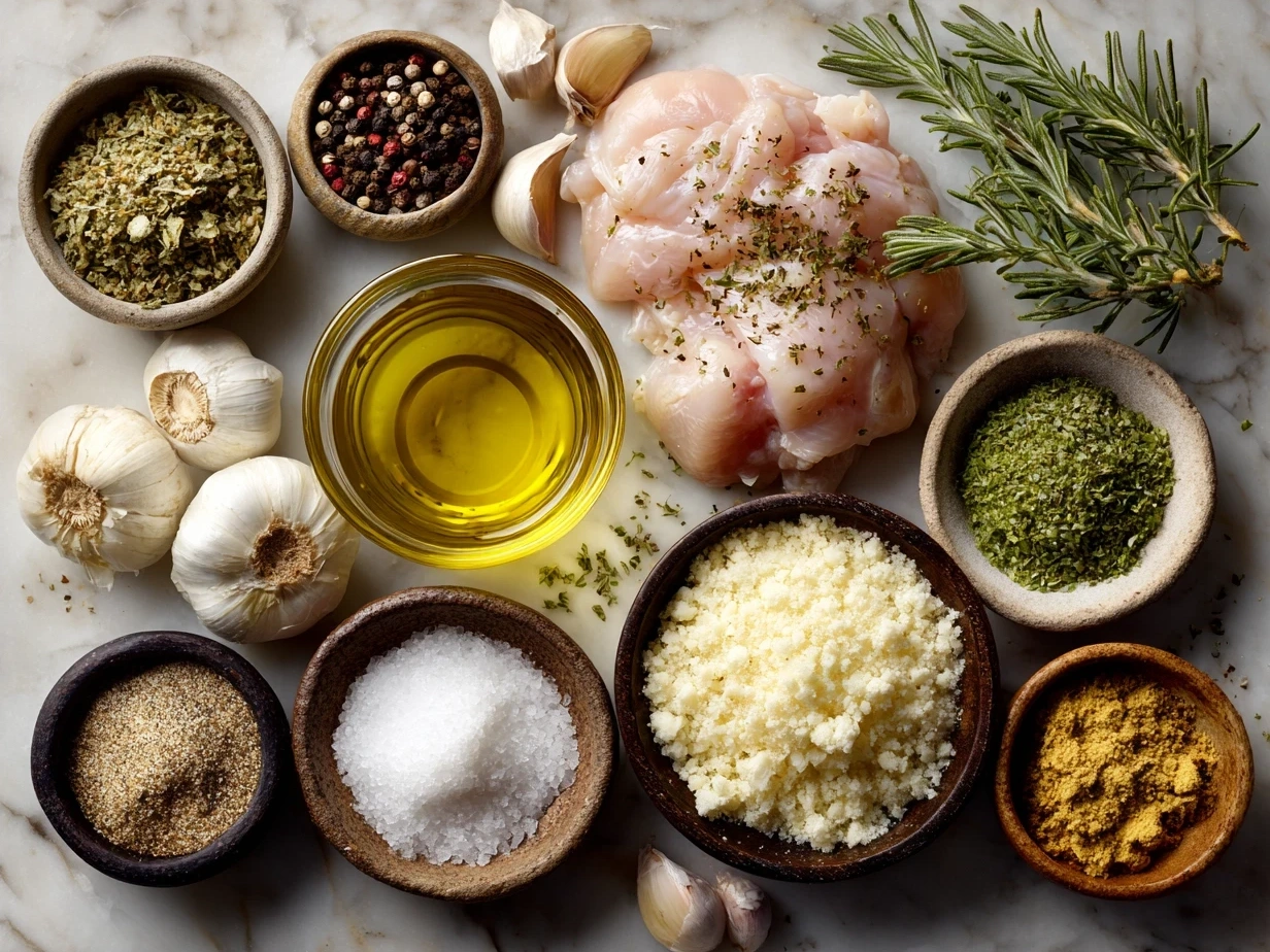 Ingredients for Garlic Parmesan Chicken Recipe including chicken breasts, Parmesan cheese, breadcrumbs, garlic, butter, cream, and olive oil