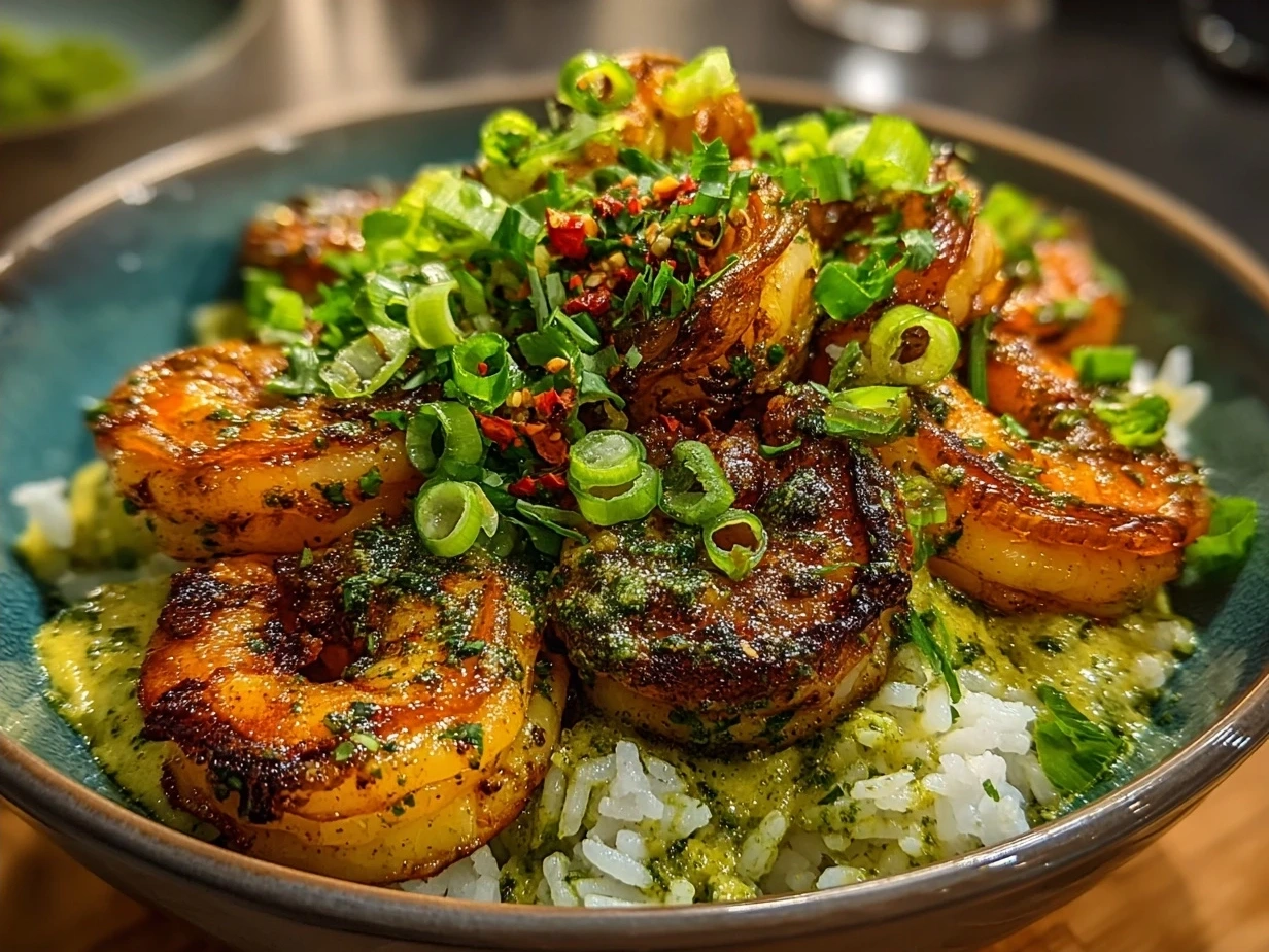 Served Garlic Shrimp Bowl with rice, garnished with parsley and accompanied by vegetables