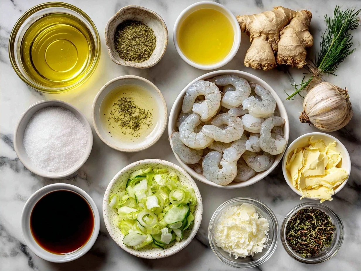 Ingredients for Garlic Shrimp Bowl neatly arranged on a table including shrimp, butter, garlic, lemon, paprika, rice, and parsley