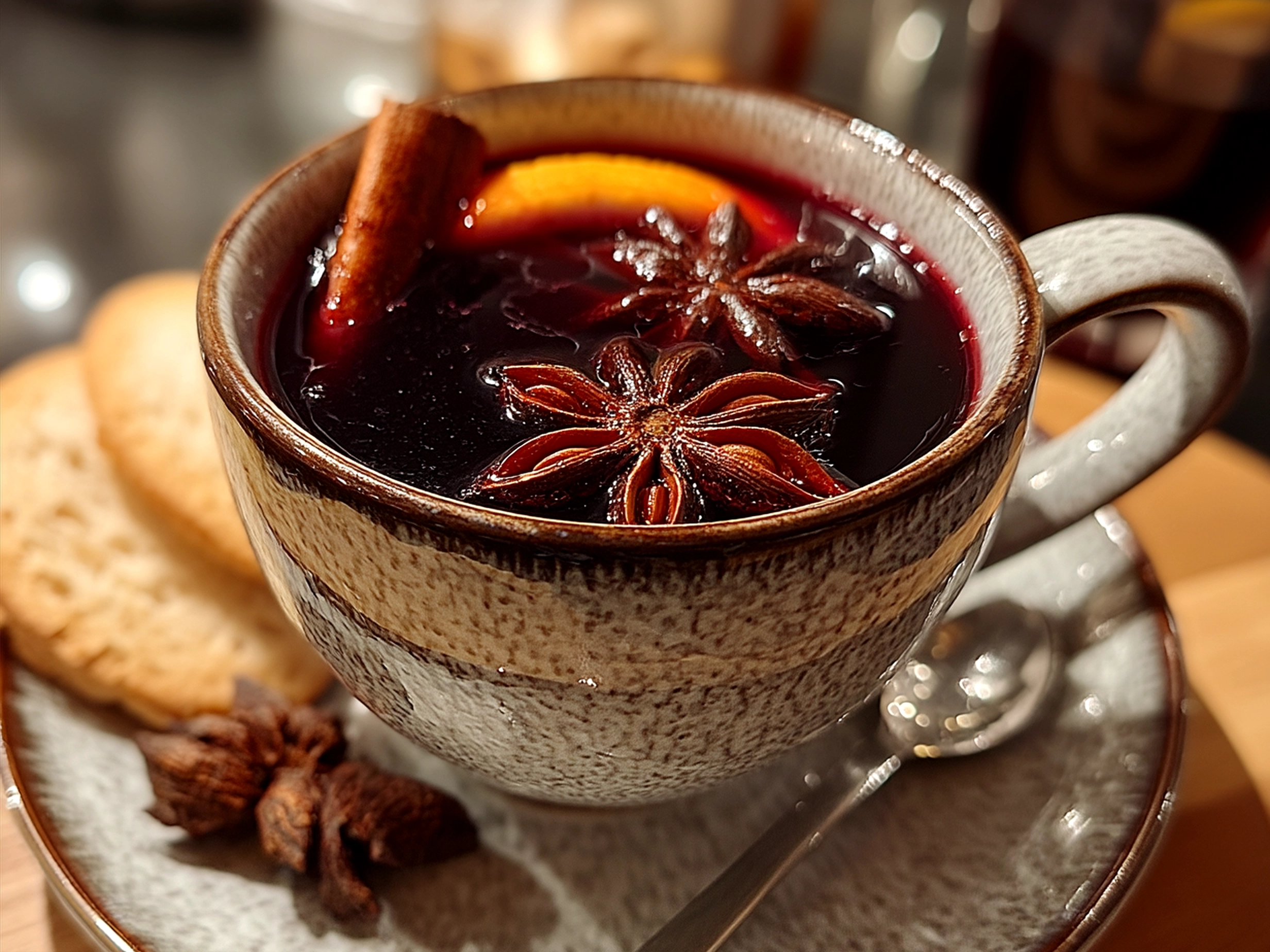 Warm German Mulled Wine Gluhwein served in a heatproof glass garnished with orange slice and cinnamon stick