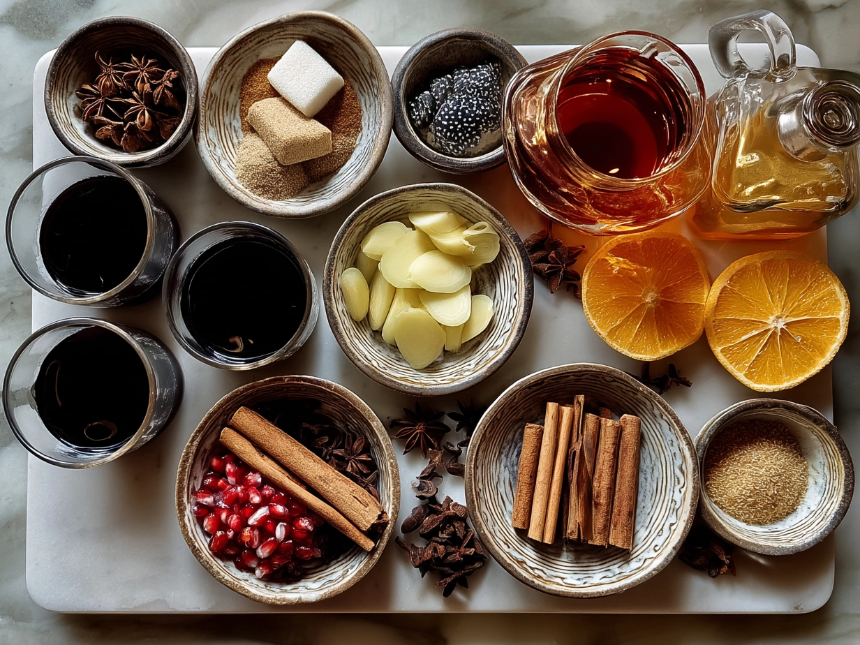 Ingredients of German Mulled Wine Gluhwein including wine, oranges, cloves, cinnamon, star anise and sugar