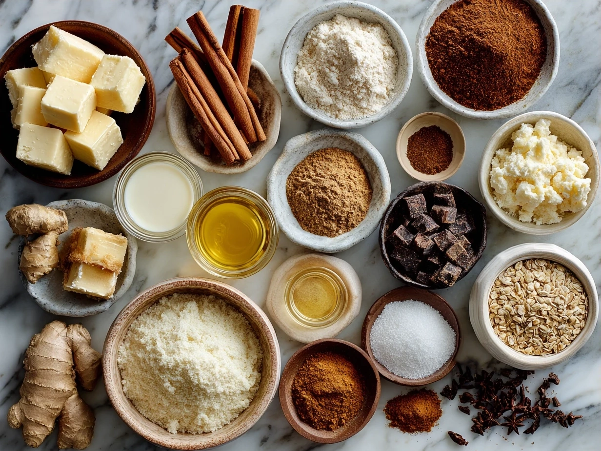 Ingredients for Ginger-Spiced Apple Holiday Bake laid out including apples, spices, oats, and nuts