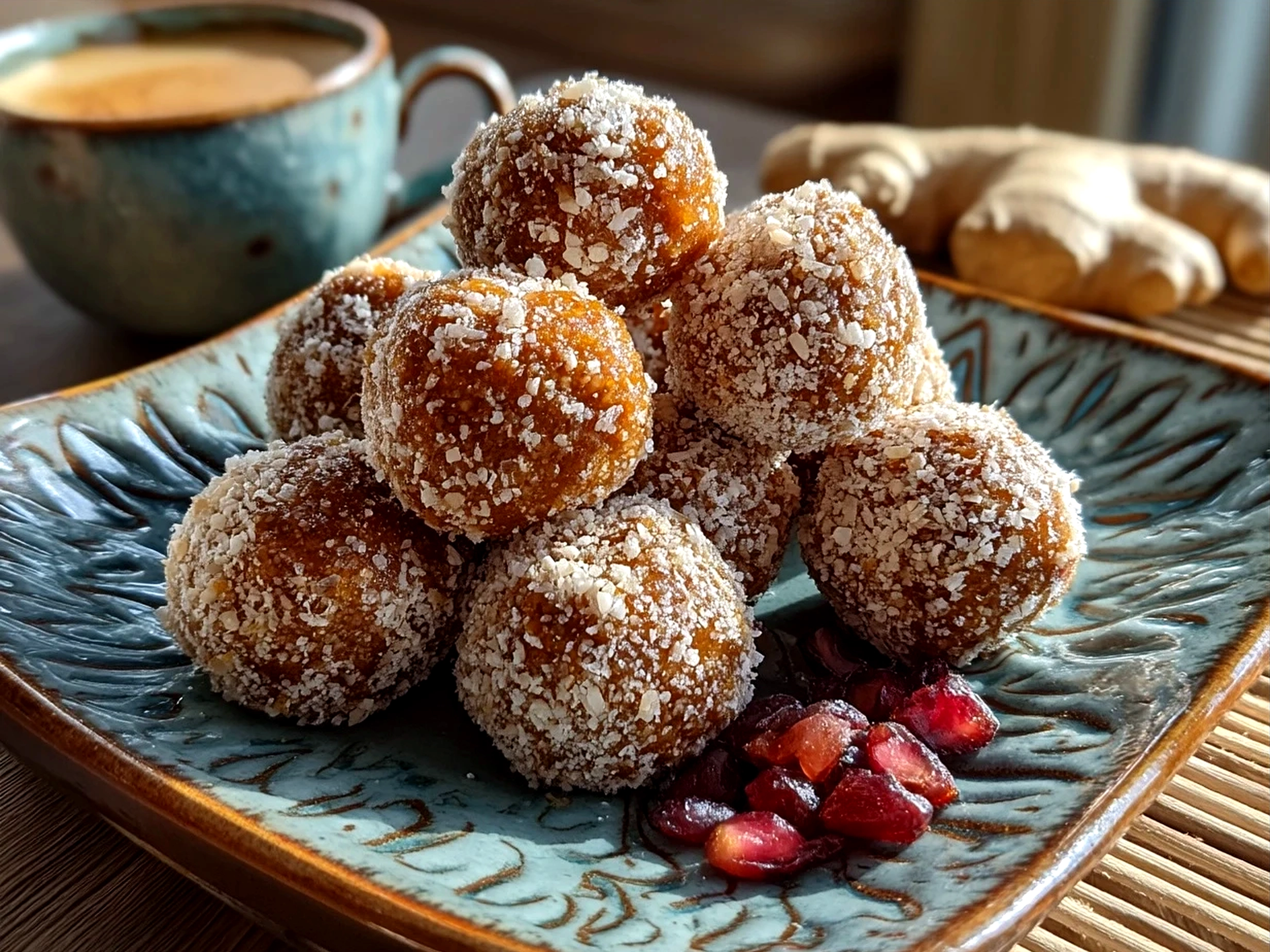 Gingerbread Protein Snacks served with fresh fruit and a warm drink