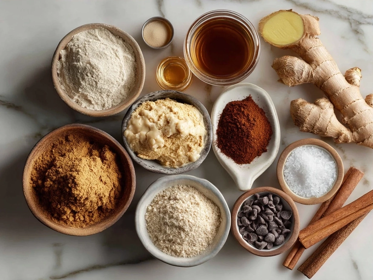 Ingredients for Gingerbread Protein Snacks including oats, protein powder, almond butter, molasses, and spices