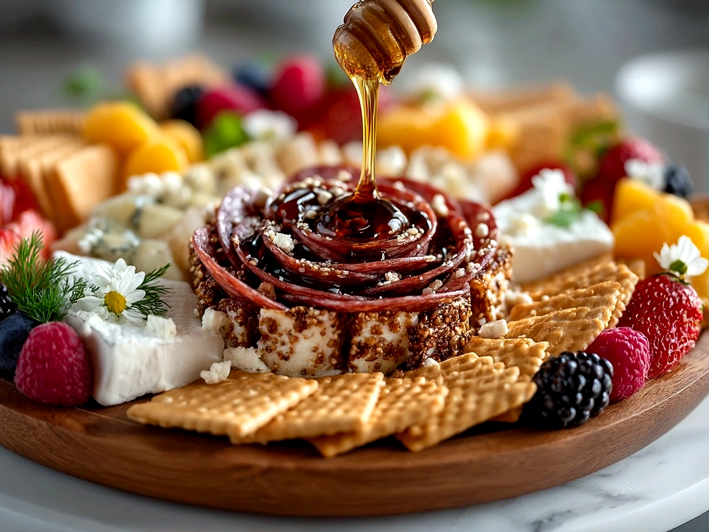 Gorgeous gluten-free charcuterie board with salami rose centerpiece