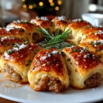 Home cook, iPhone 14 Pro. Close-up slight angle of freshly prepared mini sausage roll wreaths on white plate. Mouthwatering --ar 4:3 --style raw --s 240