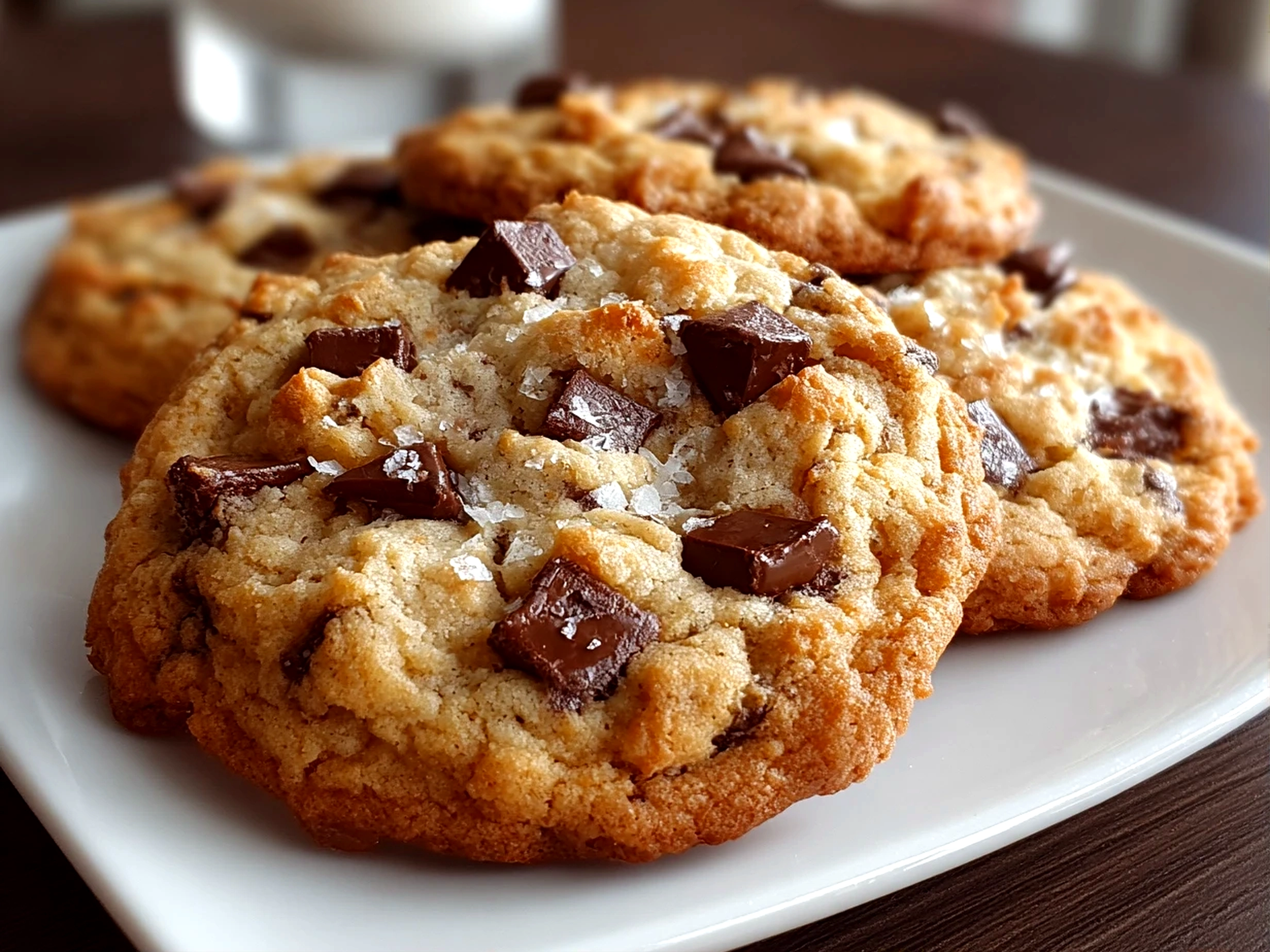 Home cook, iPhone 14. Close-up slight angle of comforting chocolate chip cookies on white plate. Mouthwatering --ar 4:3 --style raw --s 260