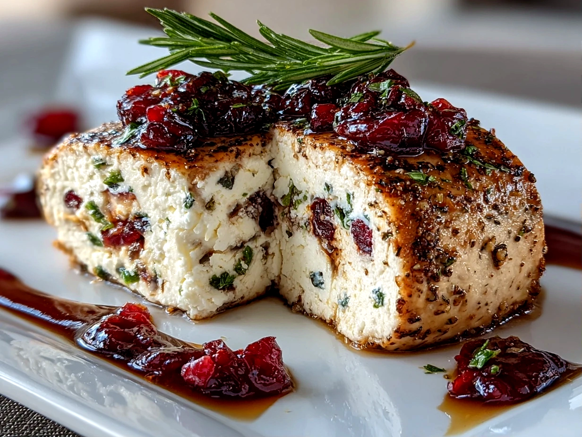 Home cook, iPhone 14. Close-up slight angle of comforting cranberry goat cheese log on white plate. Mouthwatering --ar 4:3 --style raw --s 245