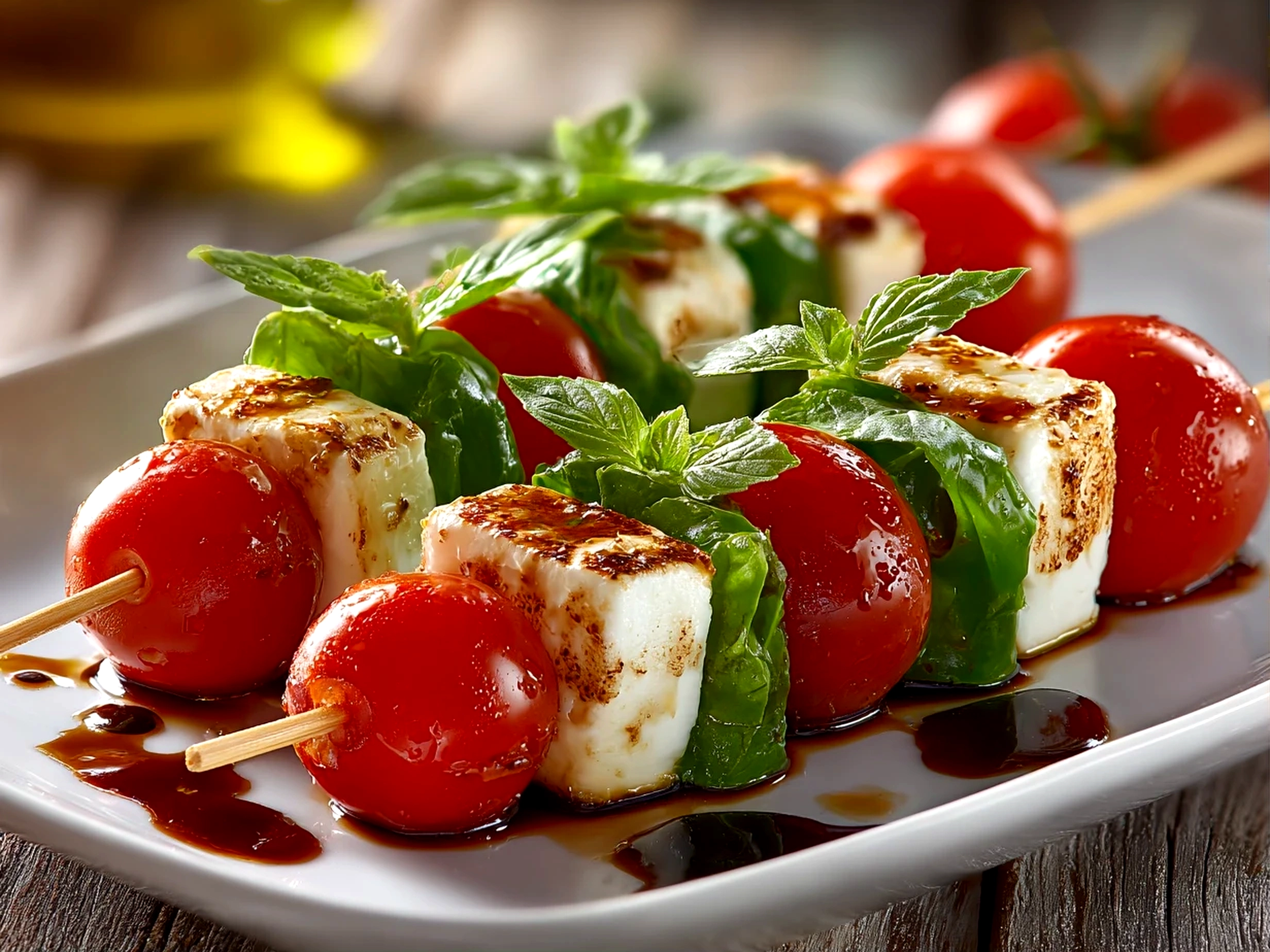 Home cook, iPhone 14. Close-up slight angle of freshly prepared Red and Green Caprese Skewers on white plate. Fresh vibrant --ar 4:3 --style raw --s 230