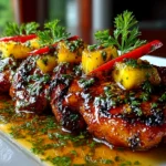 Home cook, taken with iPhone 15 Pro. Close-up slight angle of freshly prepared Grilled Mango Pineapple Chicken on white plate. Mouthwatering --ar 4:3 --style raw --s 240