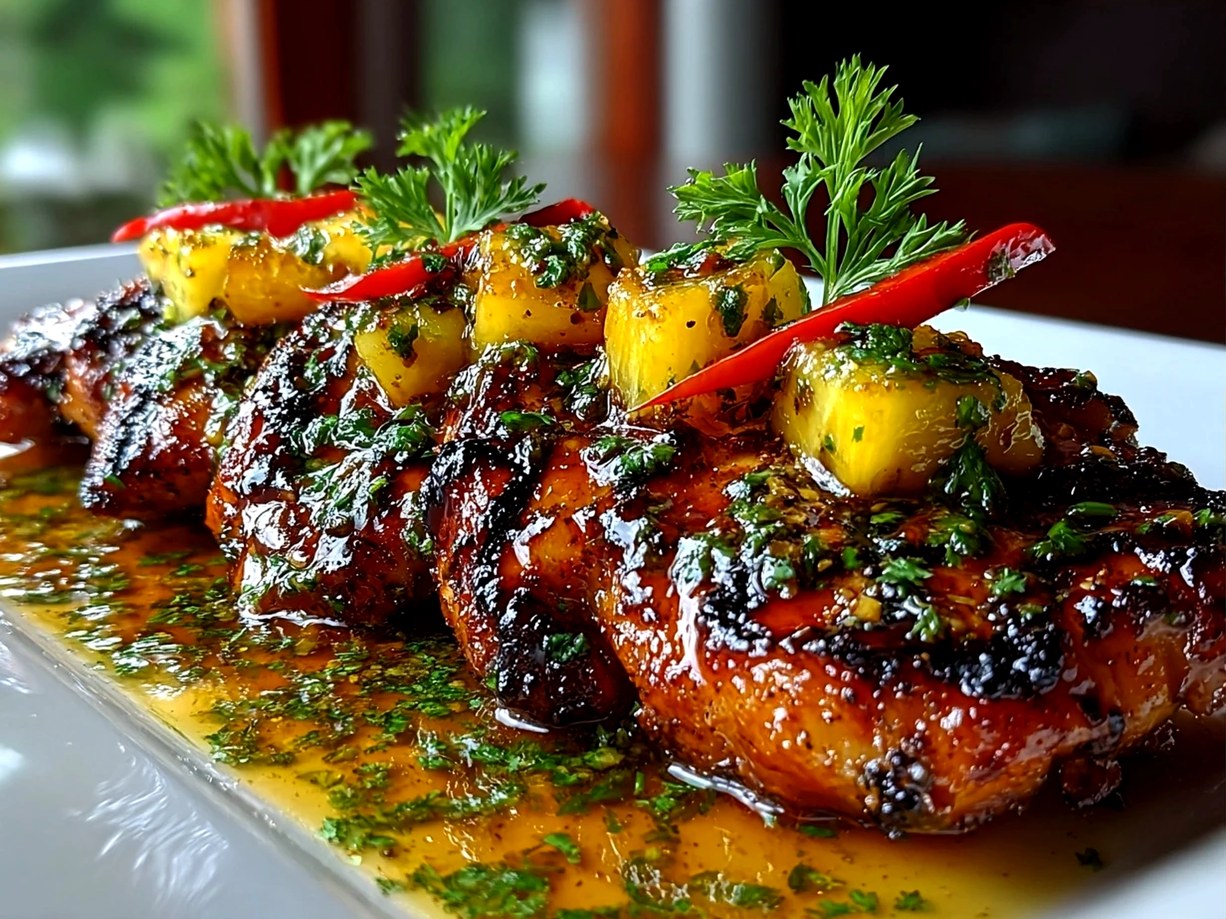 Home cook, taken with iPhone 15 Pro. Close-up slight angle of freshly prepared Grilled Mango Pineapple Chicken on white plate. Mouthwatering --ar 4:3 --style raw --s 240