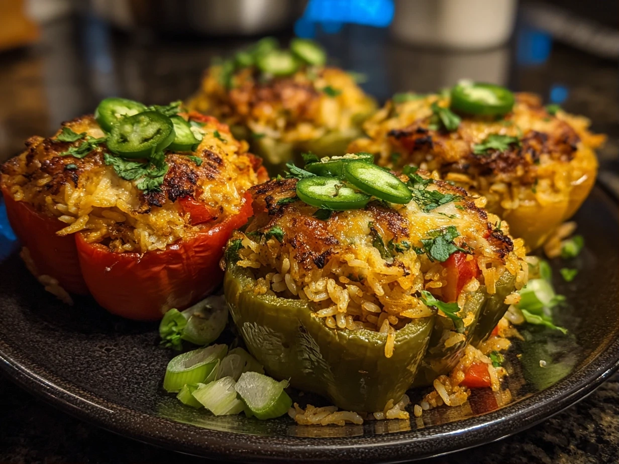 Homemade appealing finished stuffed bell pepper rice boats