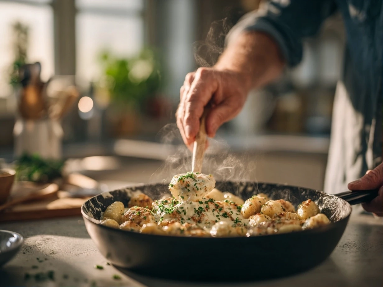 Finished dish of creamy Chicken Alfredo Gnocchi with chicken and spinach