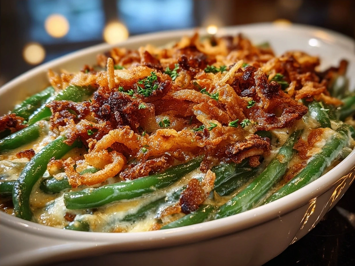 Baked Homemade Green Bean Casserole in a serving dish topped with crispy onions