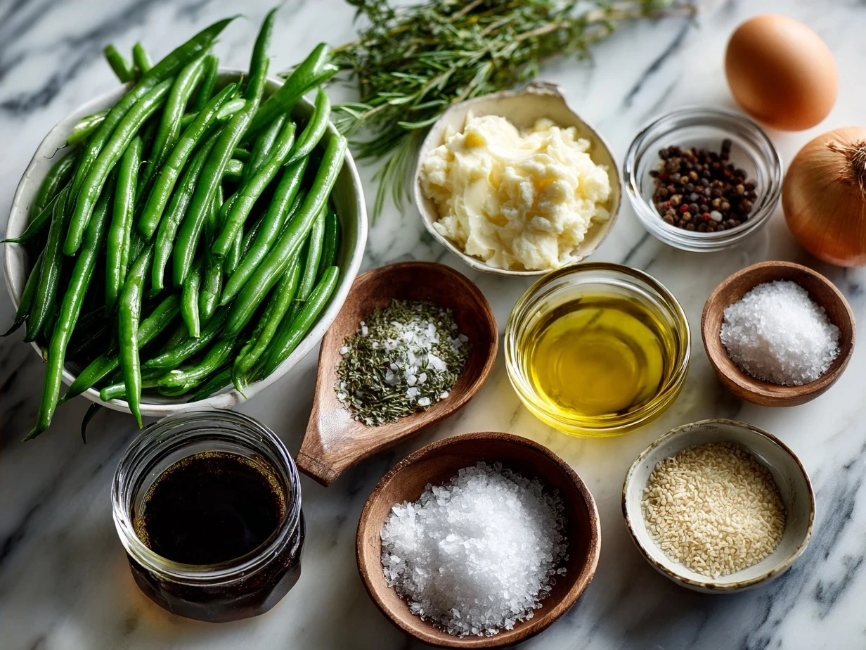 Ingredients for Homemade Green Bean Casserole laid out on a kitchen counter