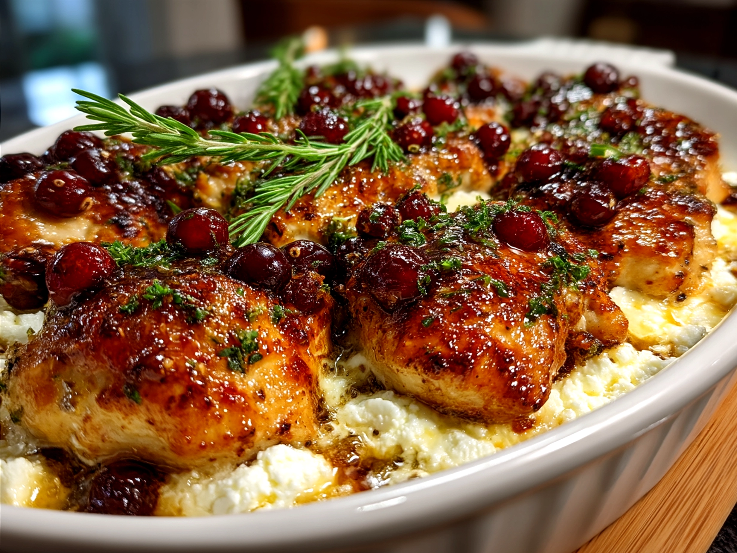 Honey Cranberry Chicken Bake with Ricotta Cheese served with green salad and roasted vegetables