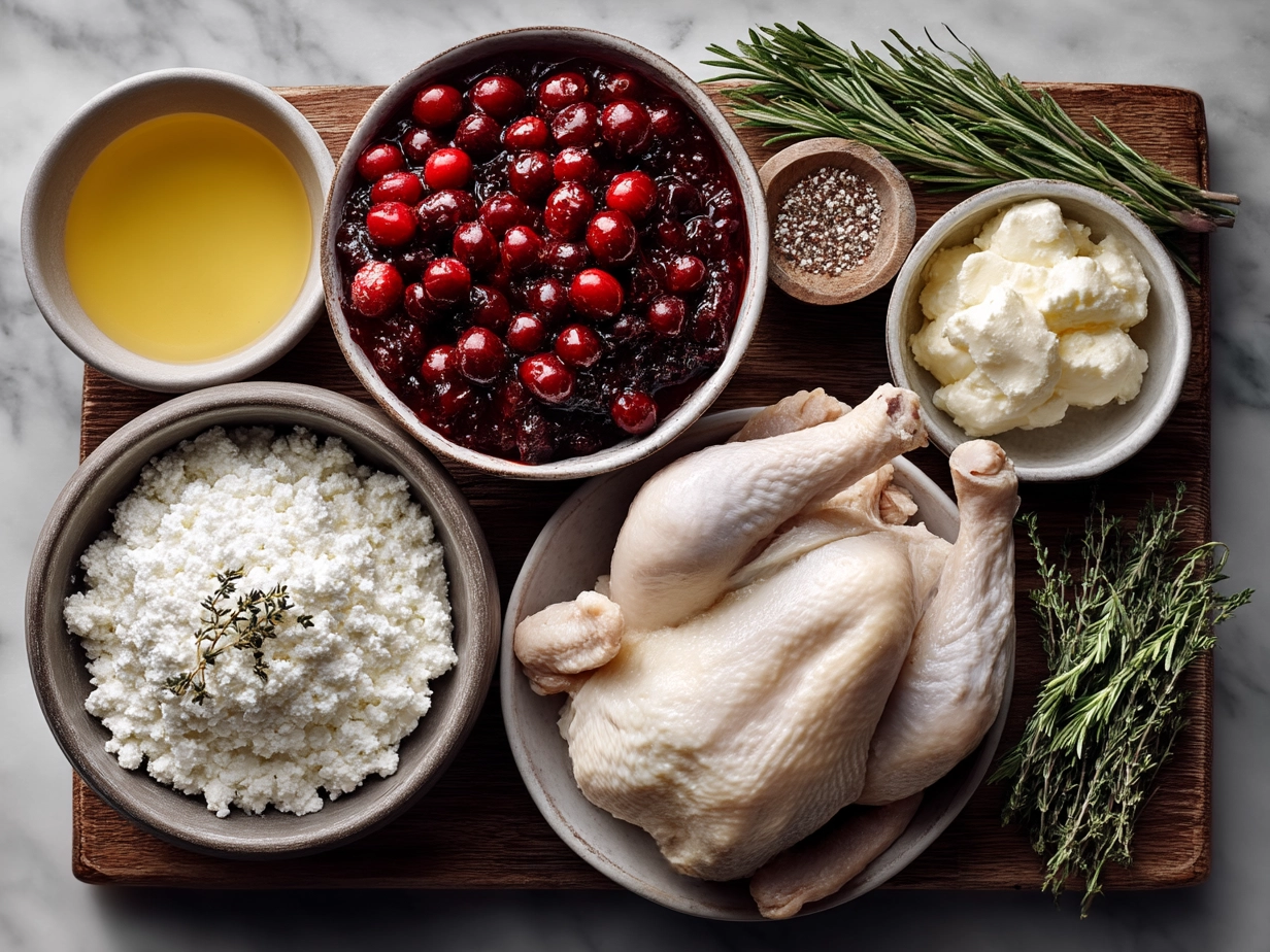 Ingredients for Honey Cranberry Chicken Bake with Ricotta Cheese including chicken breasts, cranberries, honey, ricotta, and spices