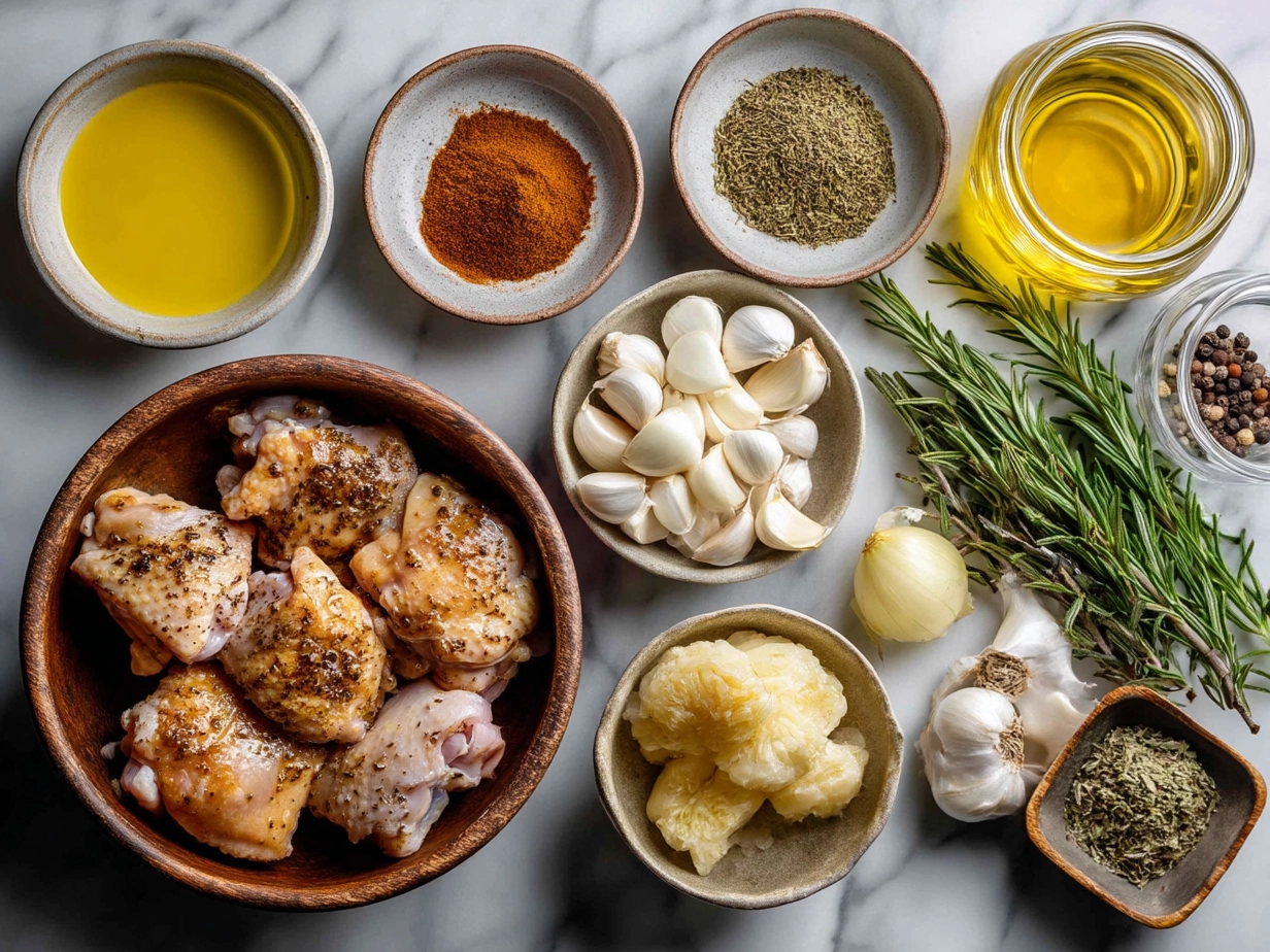 Ingredients for Honey Garlic Chicken Thighs including chicken thighs, honey, garlic, soy sauce, ketchup, vinegar, pepper, and oil