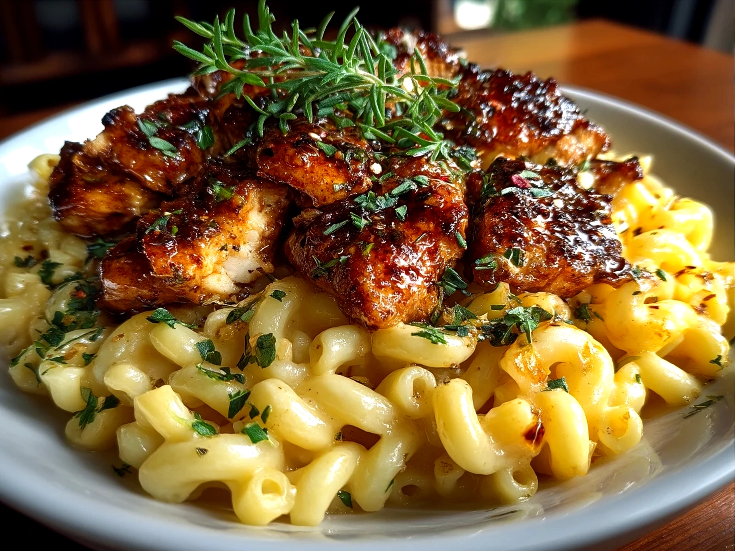 Freshly baked Honey Pepper Chicken Mac and Cheese served on a plate with a fork
