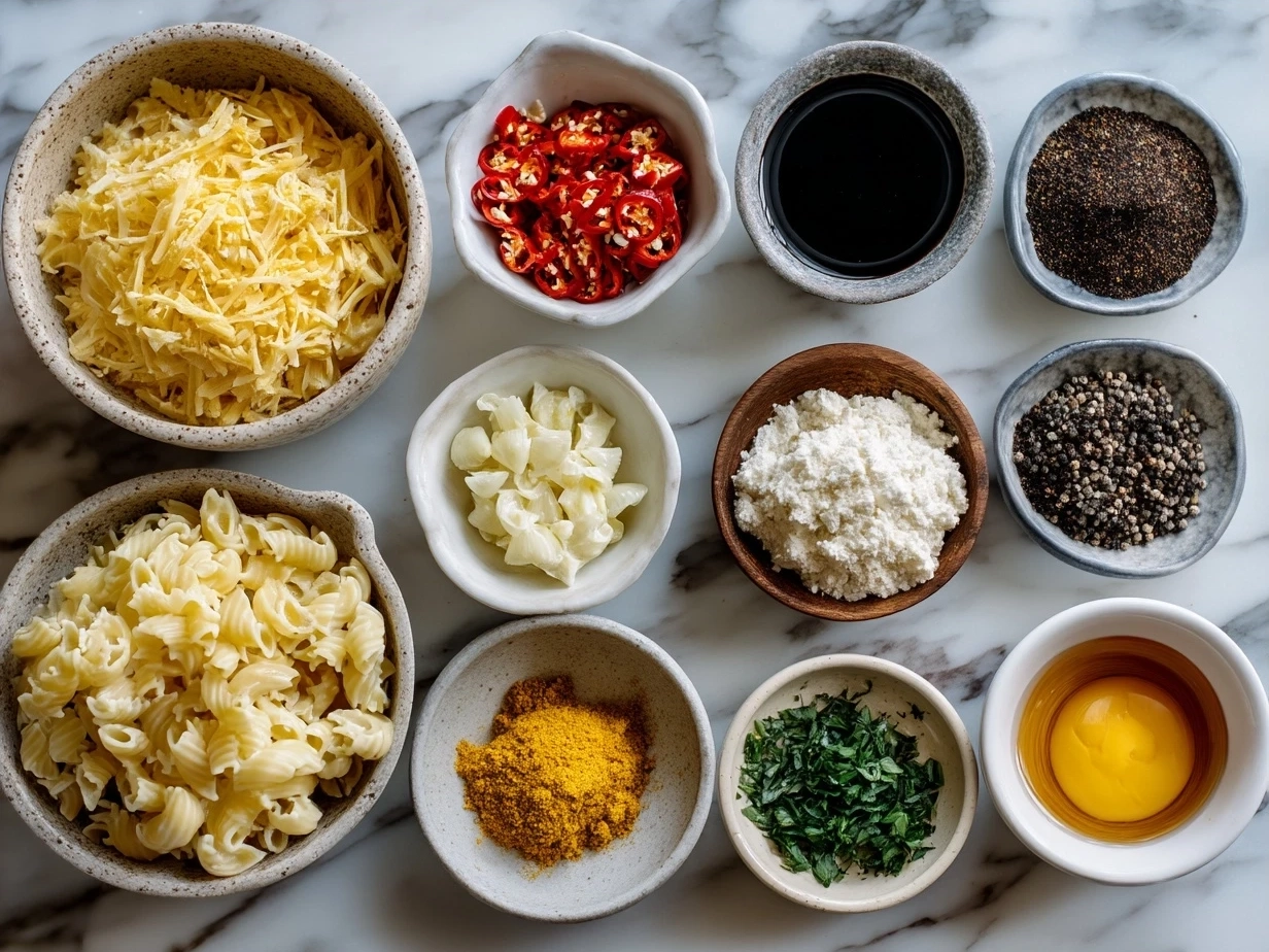 Ingredients for Honey Pepper Chicken Mac and Cheese laid out on a kitchen counter