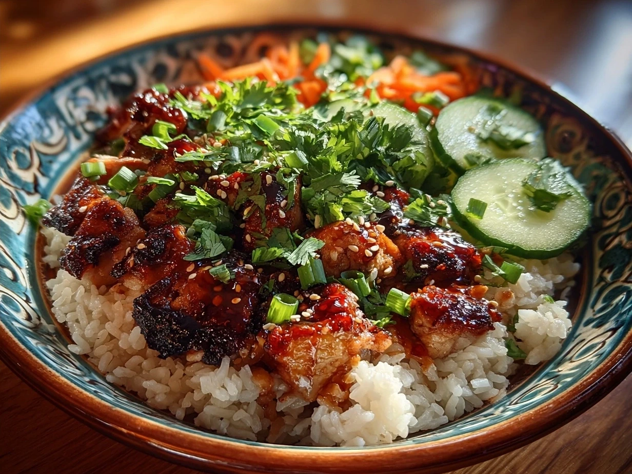 A finished bowl of Honey Sriracha Chicken Rice Bowls garnished with green onions and sesame seeds