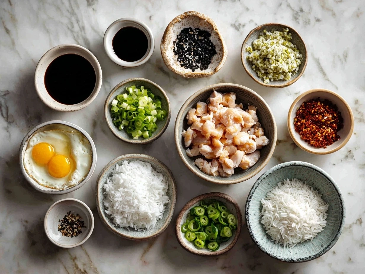 Ingredients for Honey Sriracha Chicken Rice Bowls including chicken, honey, sriracha, soy sauce, garlic, ginger, rice vinegar, and green onions