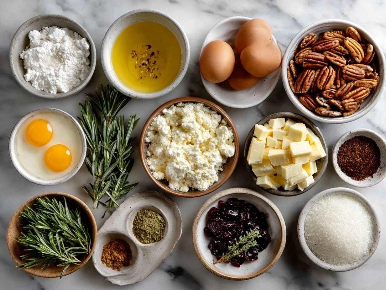 Ingredients for Christmas Breakfast Casserole on marble surface