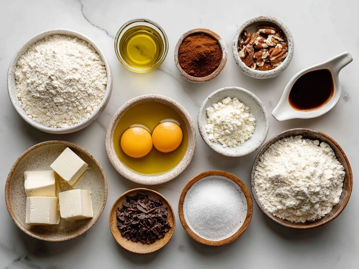 Ingredients for Italian Love Cake including flour, sugar, coconut, walnuts, cocoa powder, and coffee